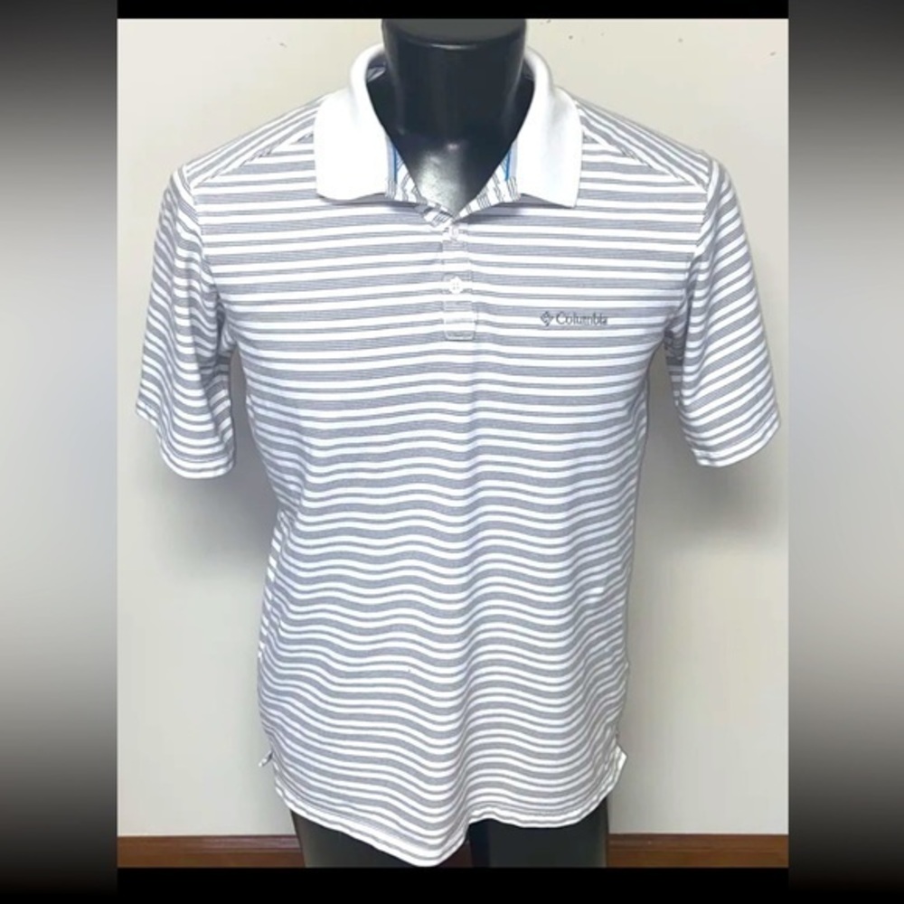 🔥Columbia PFG Polo Shirt Men's L Striped White & Gray Button Up Collared